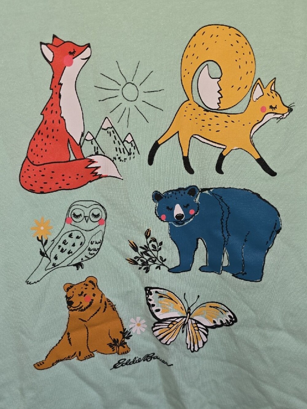 Eddie Bauer Light Mint Long-Sleeve Tee with Colorful Woodland Animal Prints